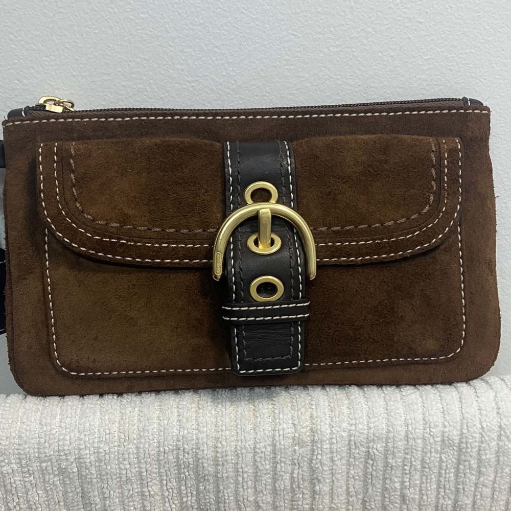 Coach Brown Suede Clutch with Gold Buckle
